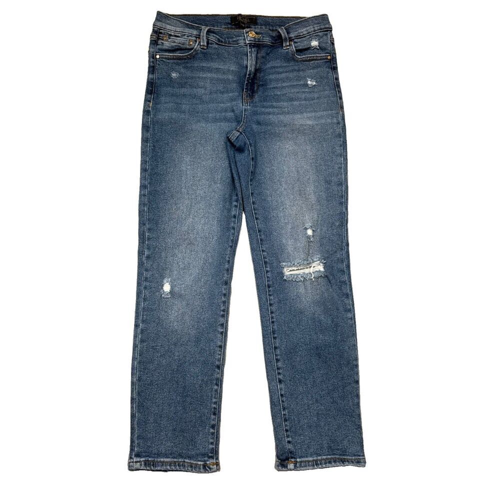 Rachel Roy Mid Rise Straight Jeans 8/29 Ankle Crop Blue Chalet Distressed Womens